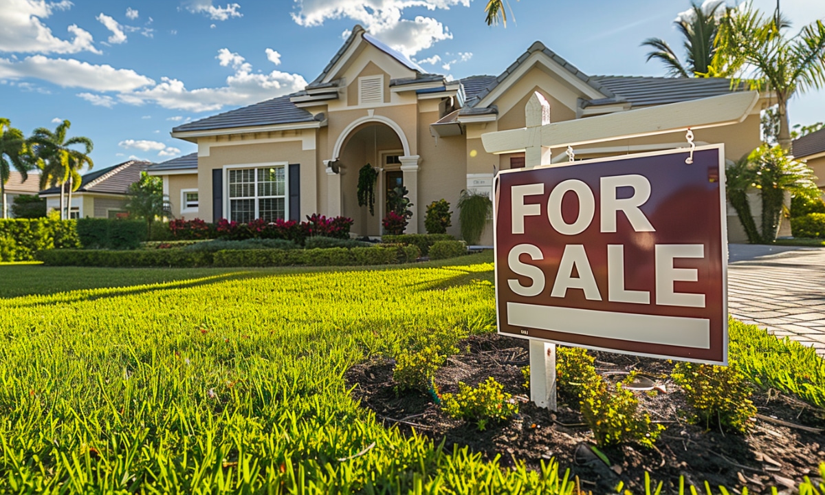 Florida home with a "For Sale" sign in front yard.